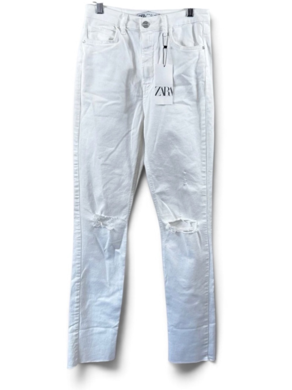 Zara Slim Flare Distressed Knee Jeans in White